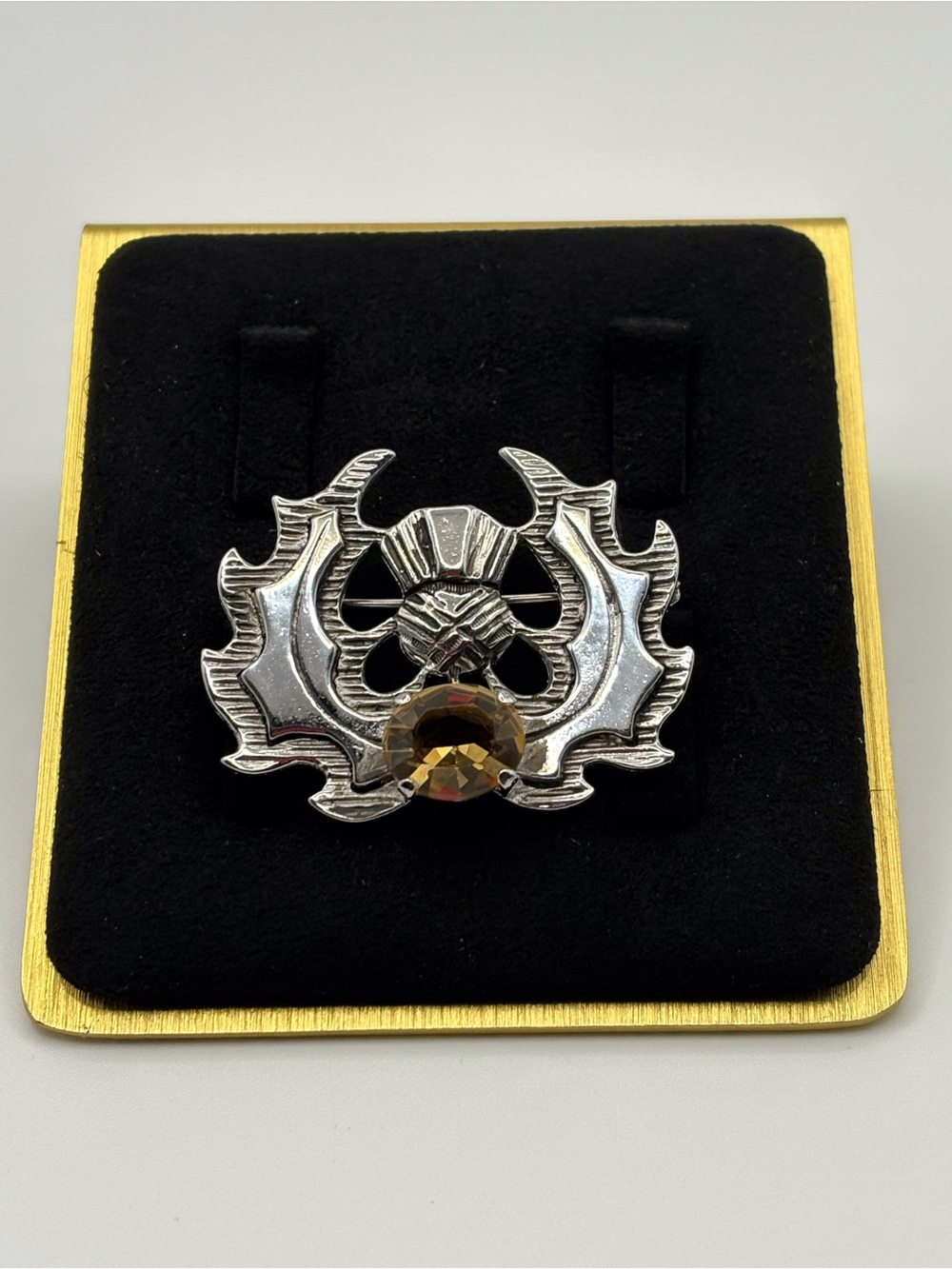Ornate Silver Thistle Brooch with Citrine like Gemstone